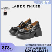 LABER THREE 粗跟高跟中跟黑色厚底玛丽珍女鞋小皮鞋真皮24年