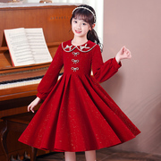女童连衣裙秋冬洋气女孩公主裙2023冬装儿童冬季加绒裙子红色