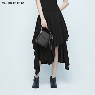 sdeer圣迪奥女装夏装黑色不规则搭片飘带雪纺半身裙长裙S20281109