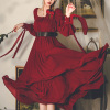 弥爱原创《凡尔赛玫瑰》法式复古红色浪漫荷叶，边大摆连衣裙系带秋