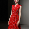 夏季女装2023气质赫本风波点收腰显瘦红色雪纺连衣裙长裙