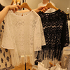 夏季韩版大码流苏蕾丝衫，圆领罩衫透明镂空短袖t恤女宽松上衣