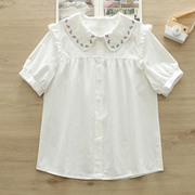 白色娃娃领衬衫女夏季2024泡泡袖小众，法式上衣短袖小个子衬衣