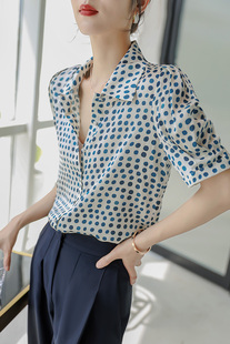 蓝色波点真丝衬衫女夏短袖，设计感小众法式复古气质高端桑蚕丝衬衣