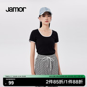Jamor短袖T恤女上衣2023早秋季黑色拼接简约短款T恤甜辣流行
