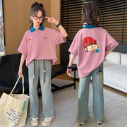 小女孩POLO衫短袖牛仔裤两件套夏装2024洋气女童夏季时尚套装