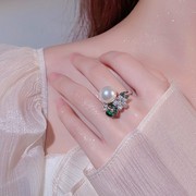 时尚精工微镶锆石花朵，绿叶三色珍珠戒指花卉，绿钻设计活口指环戒托