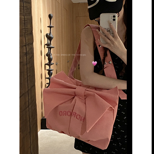 甜美蝴蝶结帆布包包女式2024潮时尚，韩国托特包小众(包小众)单肩腋下包