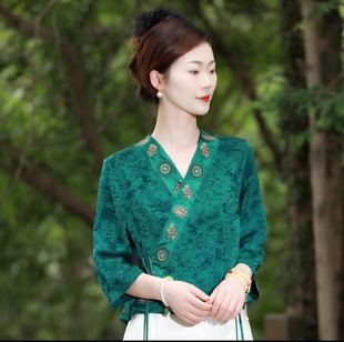 秋季女外套唐装妈妈装汉服v领宽松复古遮肉显瘦时尚高端上衣