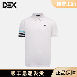 dexgolf韩国高尔夫男短袖t恤夏季冰丝条纹，袖口polo衫白色速干