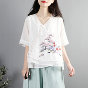 新中式复古刺绣v领盘扣上衣女夏禅意茶服中国风短袖双层棉麻衬衫
