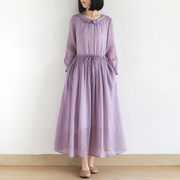 2022早春女装苎麻连衣裙，女长款收腰气质百搭紫色，长裙套头裙子