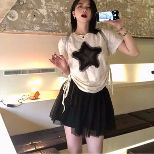 大码胖mm设计感宽松显瘦星星短袖t恤女超仙网纱半身裙两件套装女