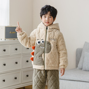 男童睡衣冬季加绒加厚三层夹棉法兰绒宝宝儿童家居服大童保暖套装