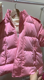 儿童女童中长款羽绒服外套，2023冬三防可擦洗毛领粉色