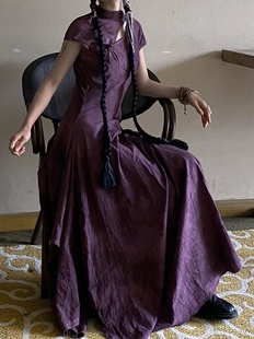 尹太阳(尹太阳)原创手工，扎染绛紫色棉麻，改良长款镂空旗袍定制