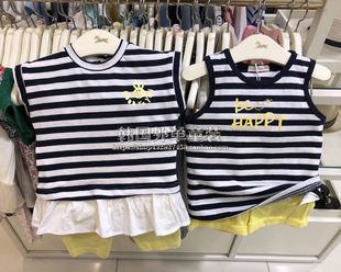 韩国双胞胎童装夏装男女童宝宝兄弟妹装黑白条纹背心短裤儿童套装