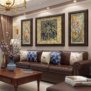 美式客厅装饰画手绘油画肌理沙发，背景墙挂画三联法式复古高级壁画