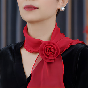 春夏装饰纯色玫瑰领花丝巾雪纺纱舒适多功能护颈优雅气质围巾