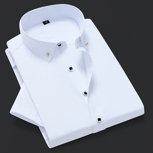 白衬衫男短袖青年领扣纯色商务休闲工装修身正装潮流职业衬衣