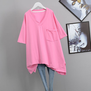 欧货大版短袖粉色t恤女2021夏纯色宽松V领中长款遮臀半袖上衣