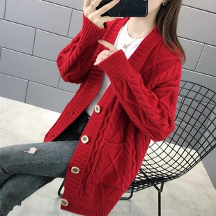 2021春秋很仙的网红毛衣，开衫女宽松慵懒风针织中长款纯色外套