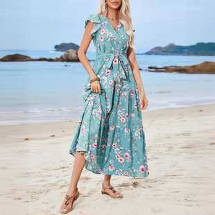 欧美波西米亚度假海滩，沙滩长裙荷叶边收腰，短袖连衣裙复古花色裙
