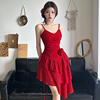 H家欧美女装 复古烈焰红玫瑰设计感网纱吊带裙不规则层次感连衣裙