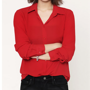 春秋雪纺长袖衬衫女韩范百搭显瘦设计感ol气质，大红色衬衣上衣