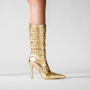 欧美外贸尖头皮带扣细高跟，中筒靴大码金属金色，走秀时装靴女小腿靴