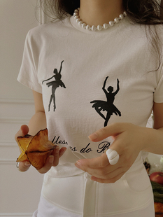 TOP家 心之所向 法式复古优雅芭蕾圆舞印花纯棉圆领宽松短袖T恤女