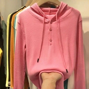 韩版修身显瘦学生打底衫，宽松连帽长袖t恤玫粉色卫衣2023秋季