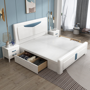 主卧现代简约高箱床1.5全实木床白色压纹储物经济型卧室双人1.8米