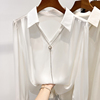 2022韩版气质显瘦纯色翻领，链条套头长袖雪纺衫女秋季薄款衬衫