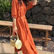 衬衫裙女韩国夏季小清新慵懒风超长款气质显瘦洋气无领短袖连衣裙