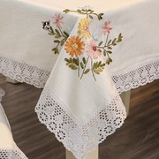 刺绣餐桌布台布棉麻绣花长方形白色蕾丝茶几布艺，盖巾欧式田园客厅