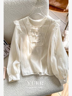雪纺上衣女春季2024法式独特别致设计感小众荷叶蕾丝长袖衬衫