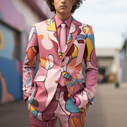 粉色几何图案花纹西装套装2024流行男士韩版修身休闲西装