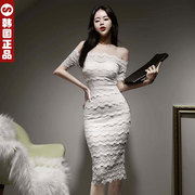 韩国春季高端蕾丝小礼服，法式小众短袖一字，领连衣裙白