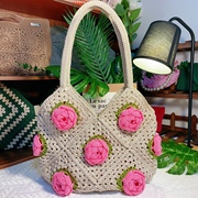 玫瑰花朵包包手工编织祖母格，大包diy自制单肩包材料包