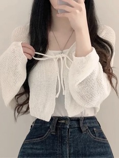 韩国chic夏季减龄气质纯色百搭针织防晒开衫女春秋冰丝薄毛衣外套