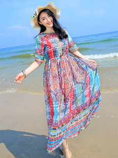 波西米亚大码大摆夏雪纺显瘦海边度假沙滩裙中袖连衣裙宽松长裙