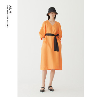 气质橘色连衣裙短袖文艺休闲宽松收腰中长裙