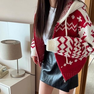 韩国东大门慵懒风复古名族风，圣诞拉链毛衣开衫外套女加厚针织衫