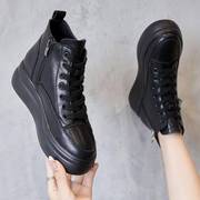 Kc。潮牌内增高女鞋秋季2023年黑色真皮厚底高帮松糕鞋板