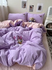 卡通紫色四件套全棉纯棉2023刺绣被套床单儿童床上用品三件套