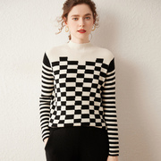 100纯山羊绒衫女半高领修身抽象棋盘条纹设计提花毛衣针织打底衫