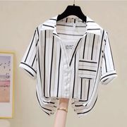 黑白竖条纹衬衫女装夏季韩版假两件衬衣，休闲小清新上衣2023新