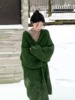 2023秋绿色v领毛衣外套，女中长款宽松慵懒风纯色复古外搭针织开衫