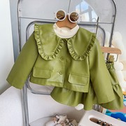 娃娃领皮衣2023秋季外套，女童秋季半身裙，绿色套装两件套